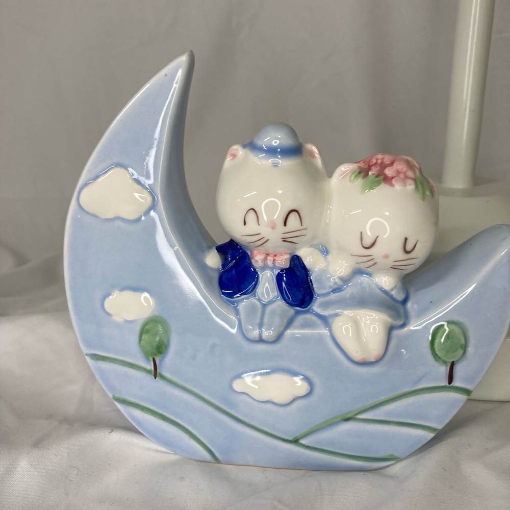 Vintage Whimsical Ceramic Cat Duo on Crescent Moon Bank - Blue and White
